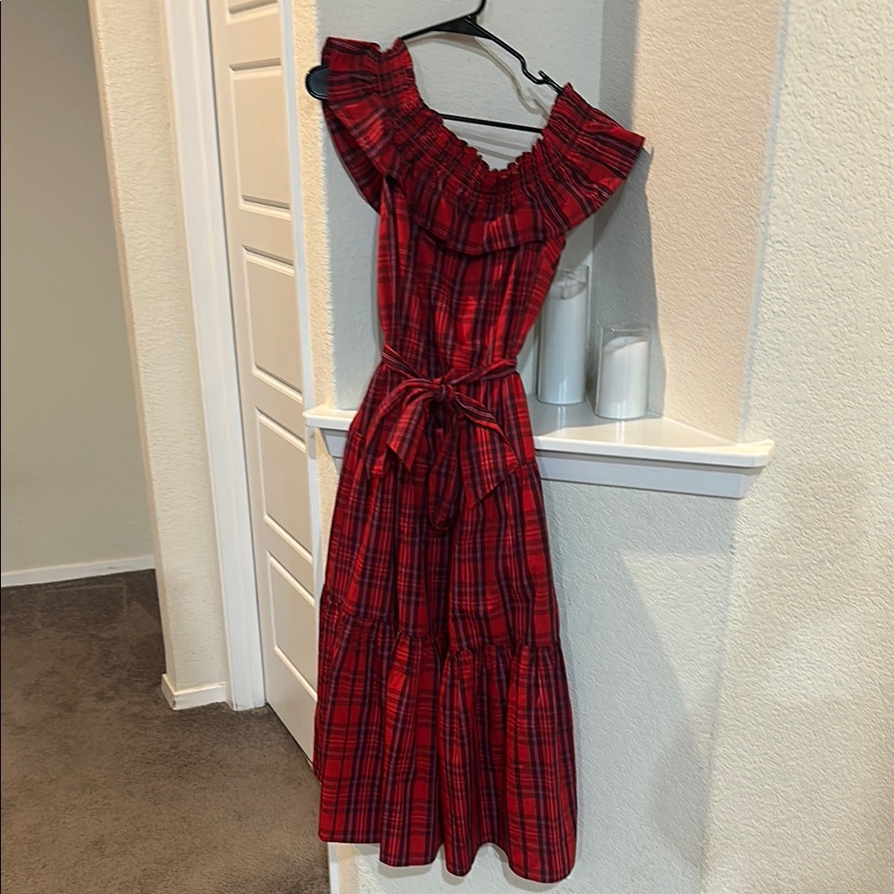 Elegant Red Plaid Off-Shoulder Dress